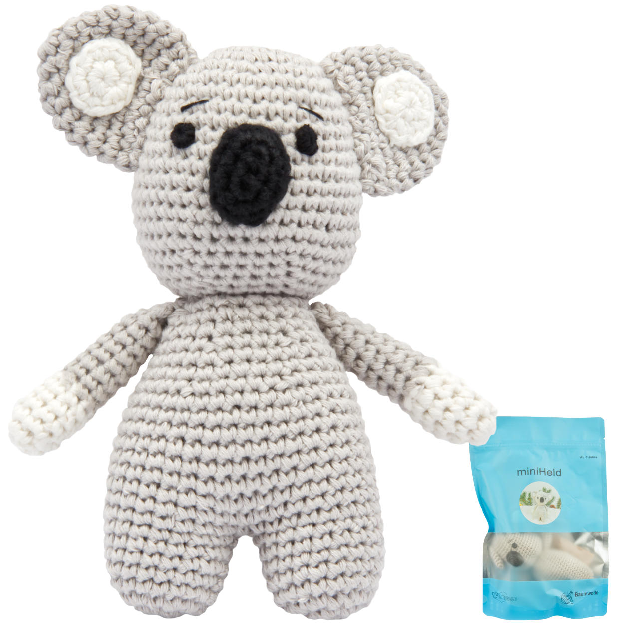 Handgestrickter Koala zur Geburt oder Babyparty aus Baumwolle