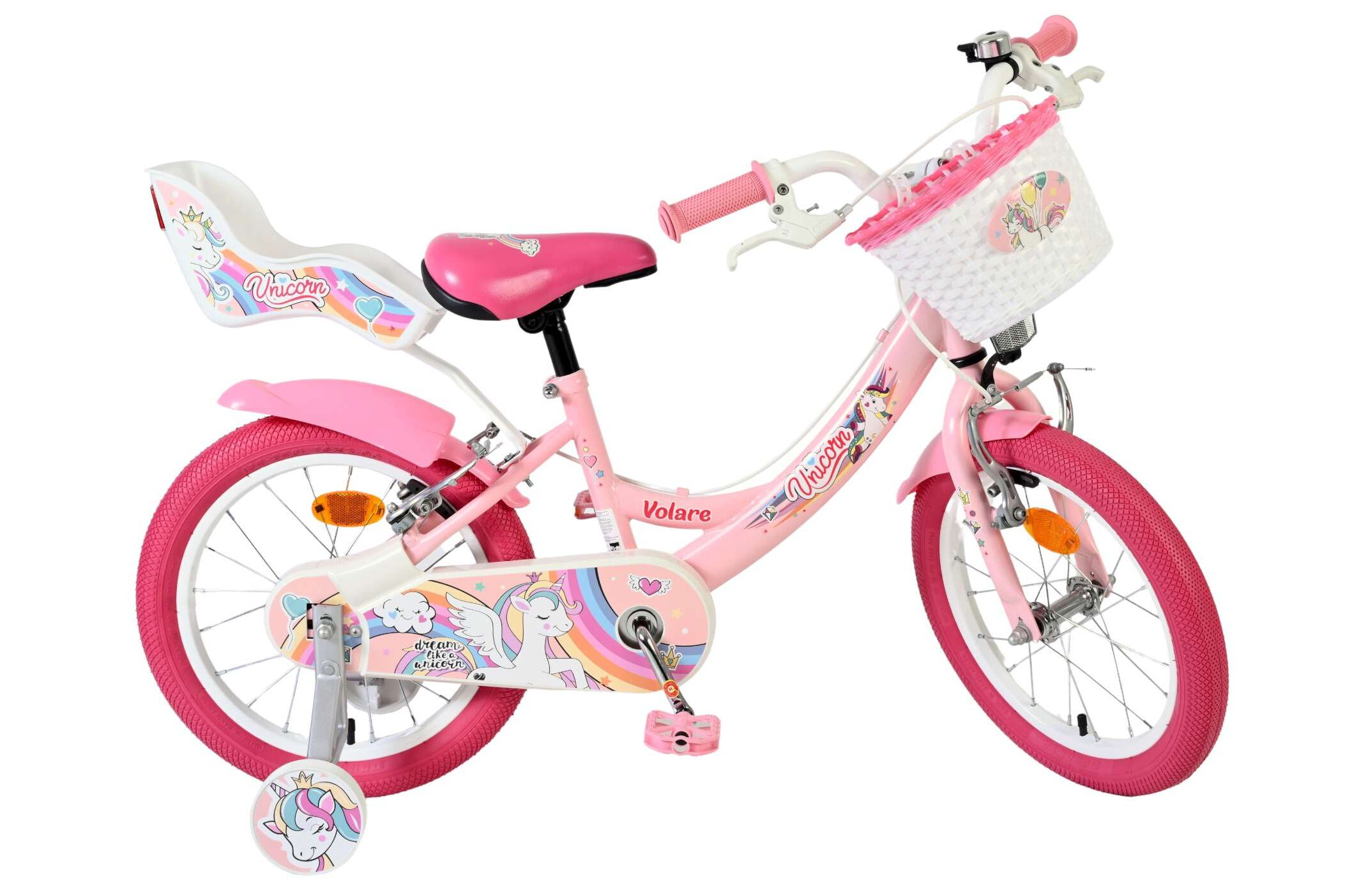 Volare Kinderfahrrad Unicorn für Mädchen 16 Zoll Kinderrad in Rosa, Zwei Handbremsen