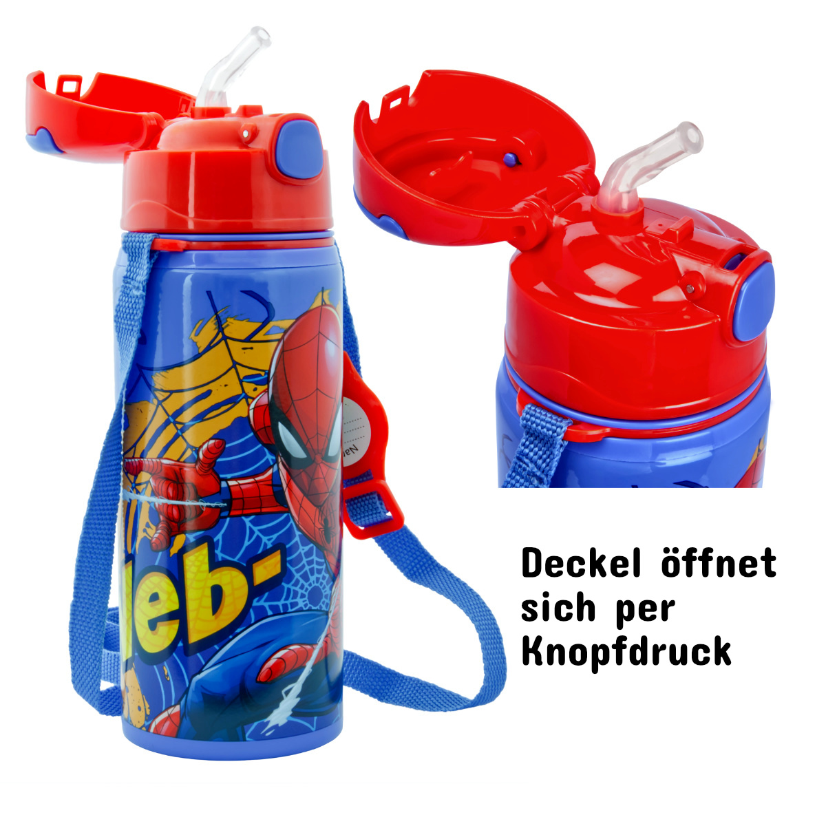 Trinkflasche Spiderman Blau mit Tragegurt Aluminium 600ml Schule Sport Trinkflasche Spiderman Blau mit Tragegurt Aluminium 600ml Schule Sport