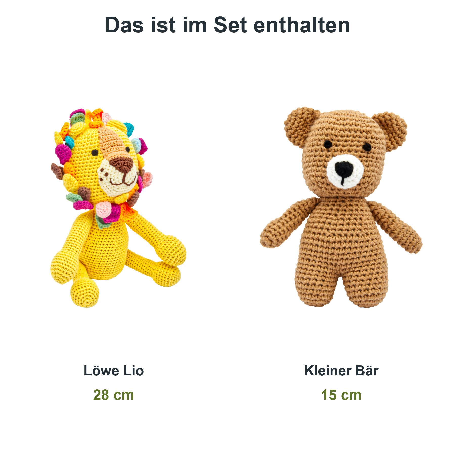 miniHeld Geschenkset handgestrickter Löwe Lio 28cm + kleiner Bär 15cm aus Baumwolle miniHeld Geschenkset handgestrickter Löwe Lio 28cm + kleiner Bär 15cm aus Baumwolle
