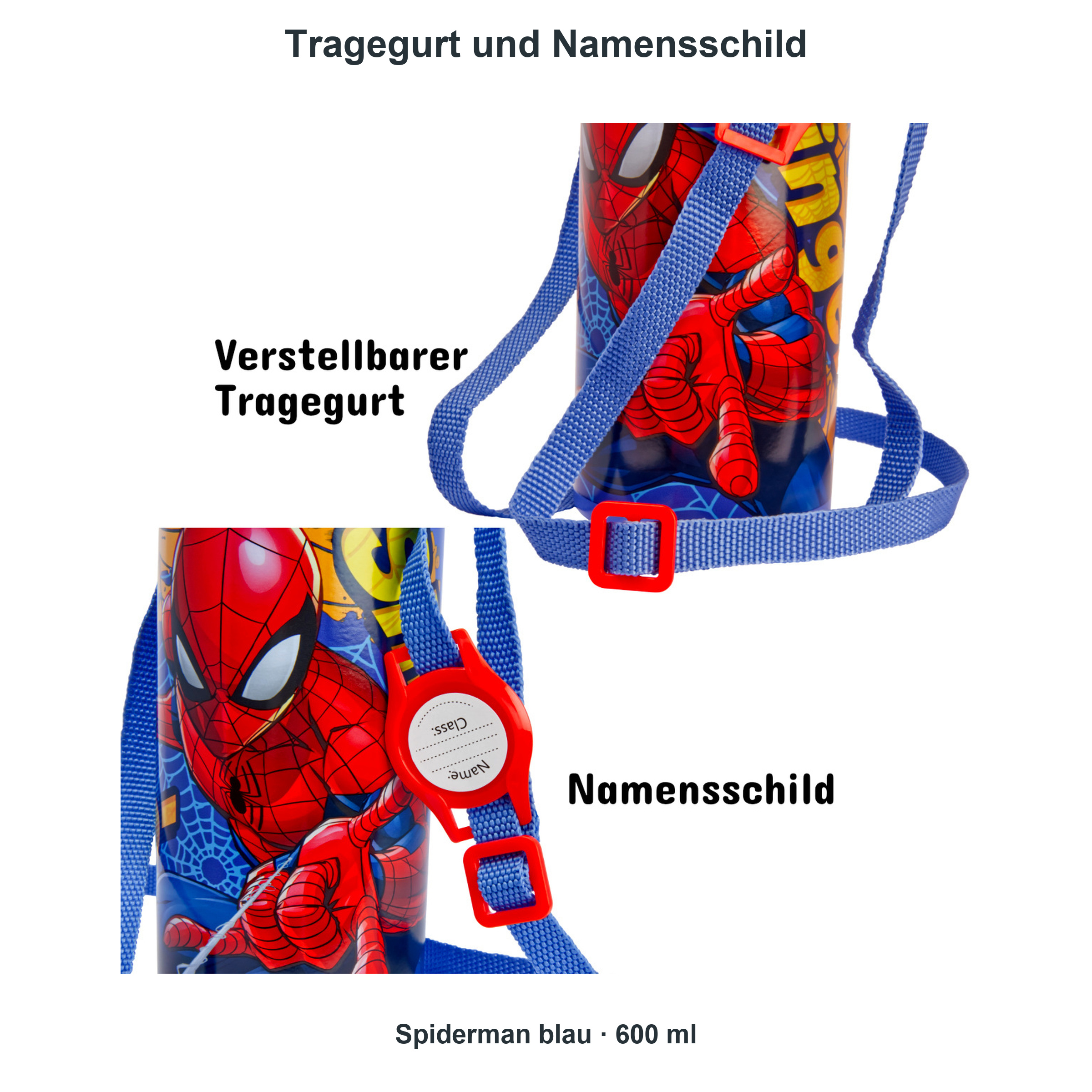 miniHeld Trinkflaschen-Set Spiderman blau 2er-Pack, 2 Kinder Trinkflaschen Aluminium mit Tragegurt