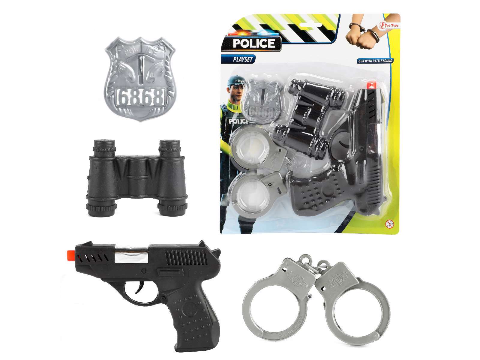 Polizei Spielset mit 4 Teilen. Spielzeugpistole, Handschellen, Schild und Fernglas