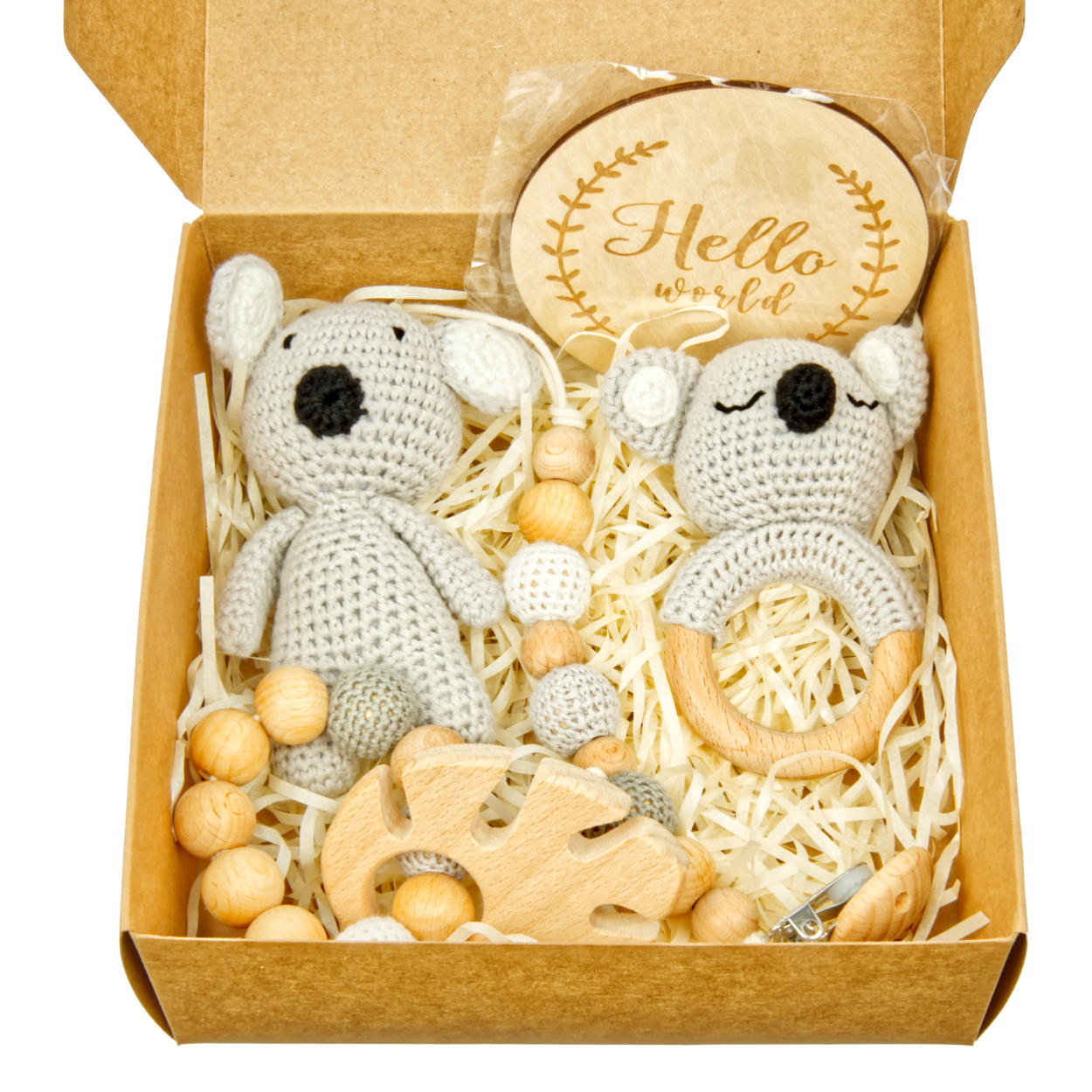 Handgestrickter Koala Lako Geschenkbox zur Geburt oder Babyparty Handgestrickter Koala Lako Geschenkbox zur Geburt oder Babyparty