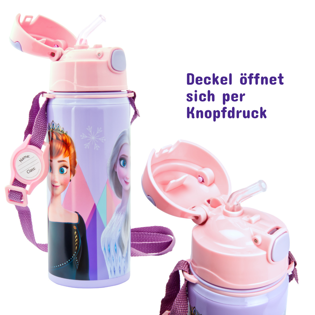 Kinder Trinkflasche Frozen 600ml Aluminium Flasche Tragegurt Elsa Anna