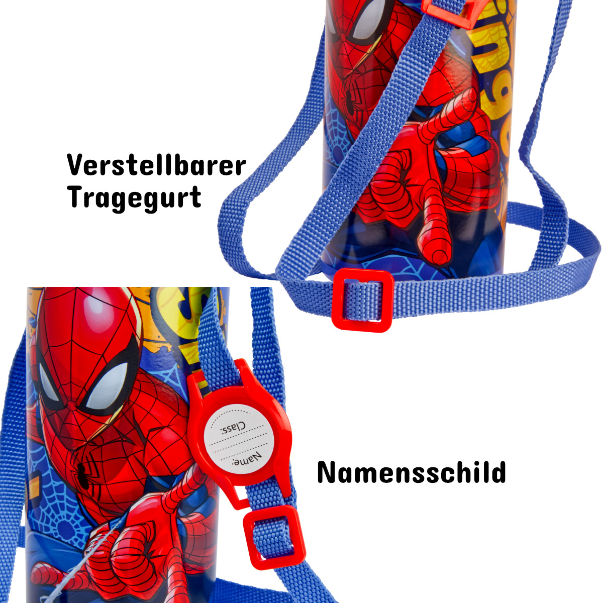 Trinkflasche Spiderman Blau mit Tragegurt Aluminium 600ml Schule Sport Trinkflasche Spiderman Blau mit Tragegurt Aluminium 600ml Schule Sport