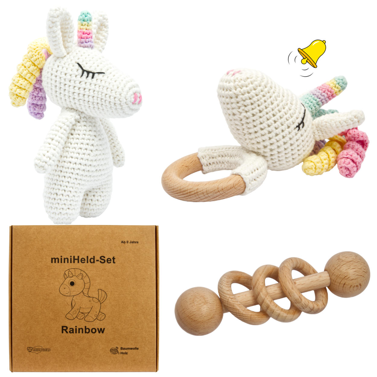 Handgestricktes Einhorn Rainbow Set Babyrassel Holz Baumwolle 16 cm