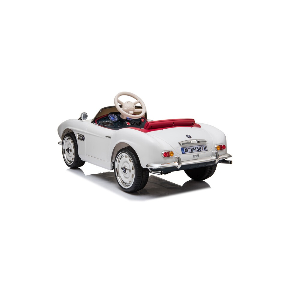 ES-Toys Kinderfahrzeug – Elektro Auto „BMW 507 Oldtimer“ – lizenziert – 12V7AH, 2 Motoren- 2,4Ghz Fernsteuerung, MP3, Ledersitz+EVA – Weiss