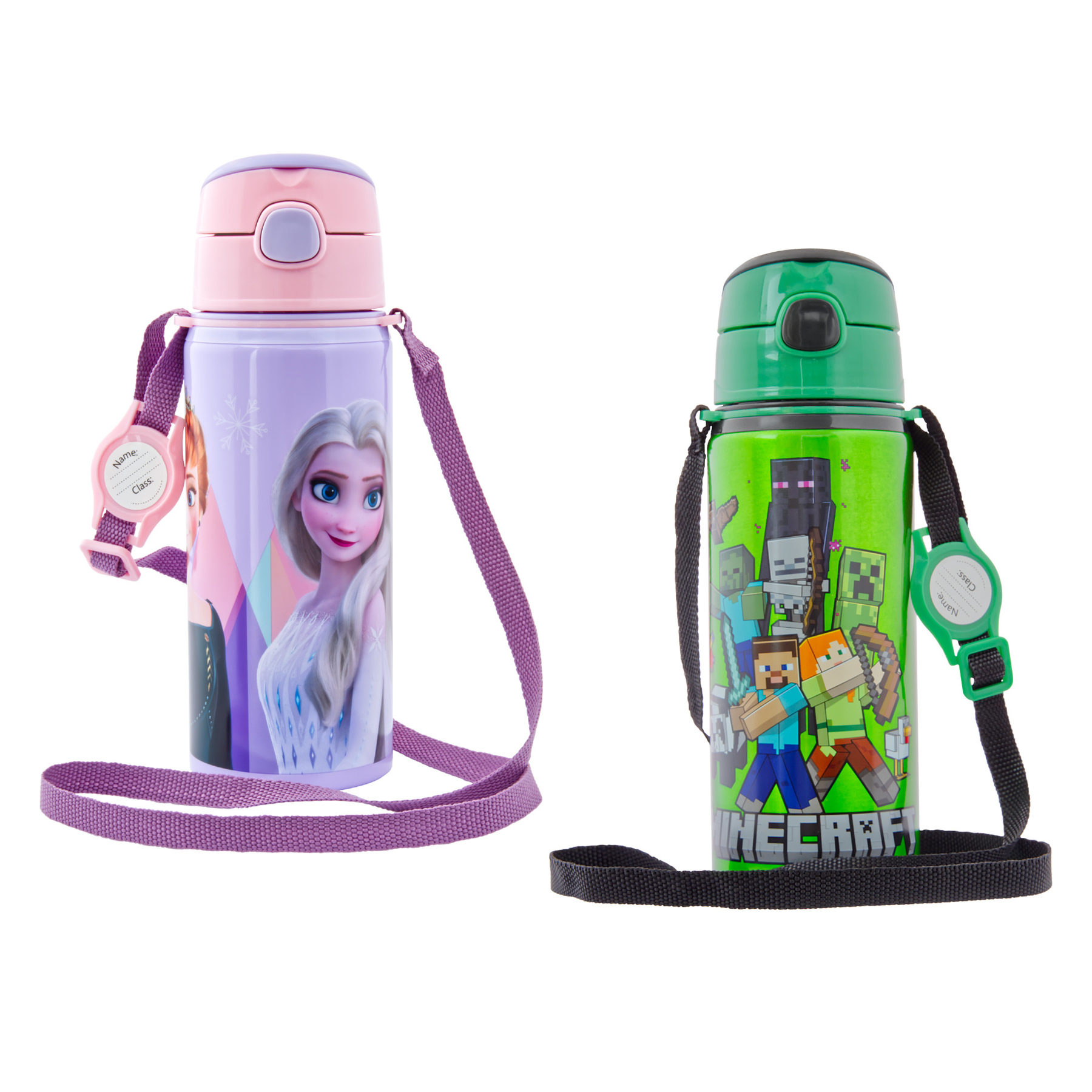 miniHeld Trinkflaschen-Set Elsa (Frozen) + Minecraft, 2 Kinder Trinkflaschen Aluminium mit Tragegurt