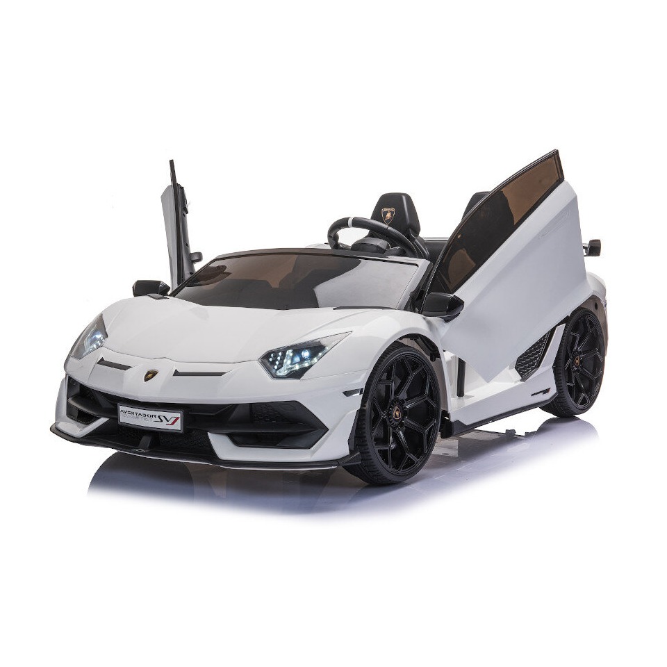 ES-Toys Kinderfahrzeug – Elektro Auto „Lamborghini Aventador SVJ Doppelsitzer“ – lizenziert – 12V7AH, 2 Motoren- 2,4Ghz Fernsteuerung, MP3, Ledersitz+EVA+Lackiert – Weiss