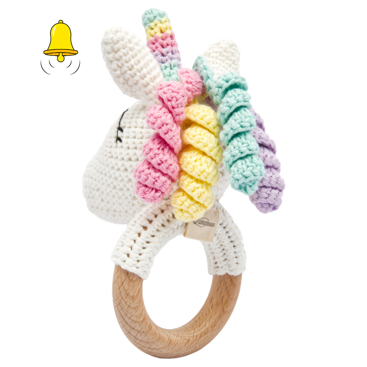 Handgestricktes Einhorn Rainbow Set Babyrassel Holz Baumwolle 16 cm Handgestricktes Einhorn Rainbow Set Babyrassel Holz Baumwolle 16 cm