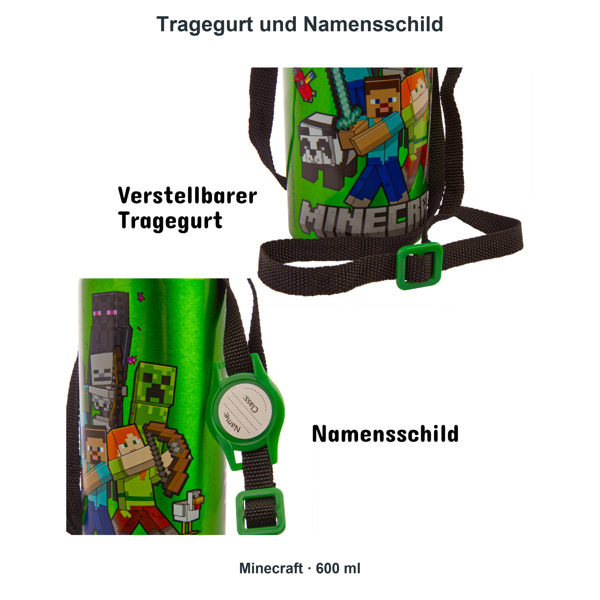 miniHeld Trinkflaschen-Set Minecraft 2er-Pack, 2 Kinder Trinkflaschen Aluminium mit Tragegurt miniHeld Trinkflaschen-Set Minecraft 2er-Pack, 2 Kinder Trinkflaschen Aluminium mit Tragegurt