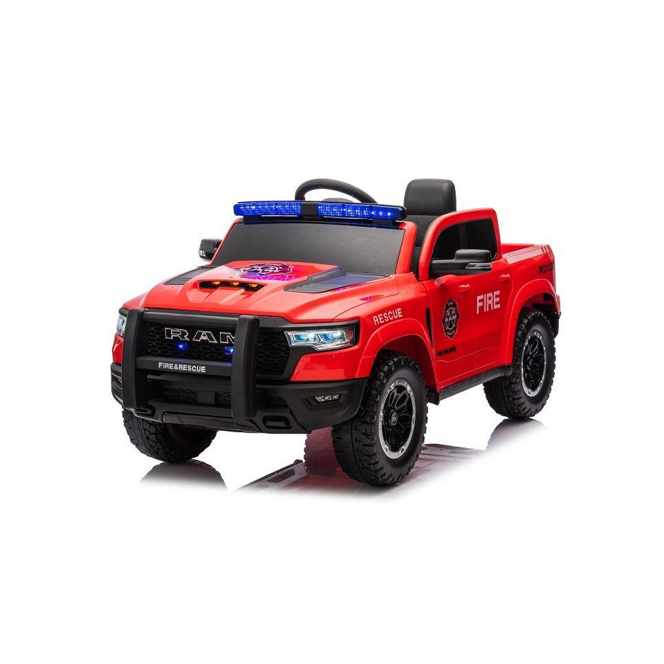 ES-Toys Kinderfahrzeug – Elektro Auto „Feuerwehr Dodge RAM“ – 12V10AH Akku,4 Motoren- 2,4Ghz Fernsteuerung, MP3+Sirene