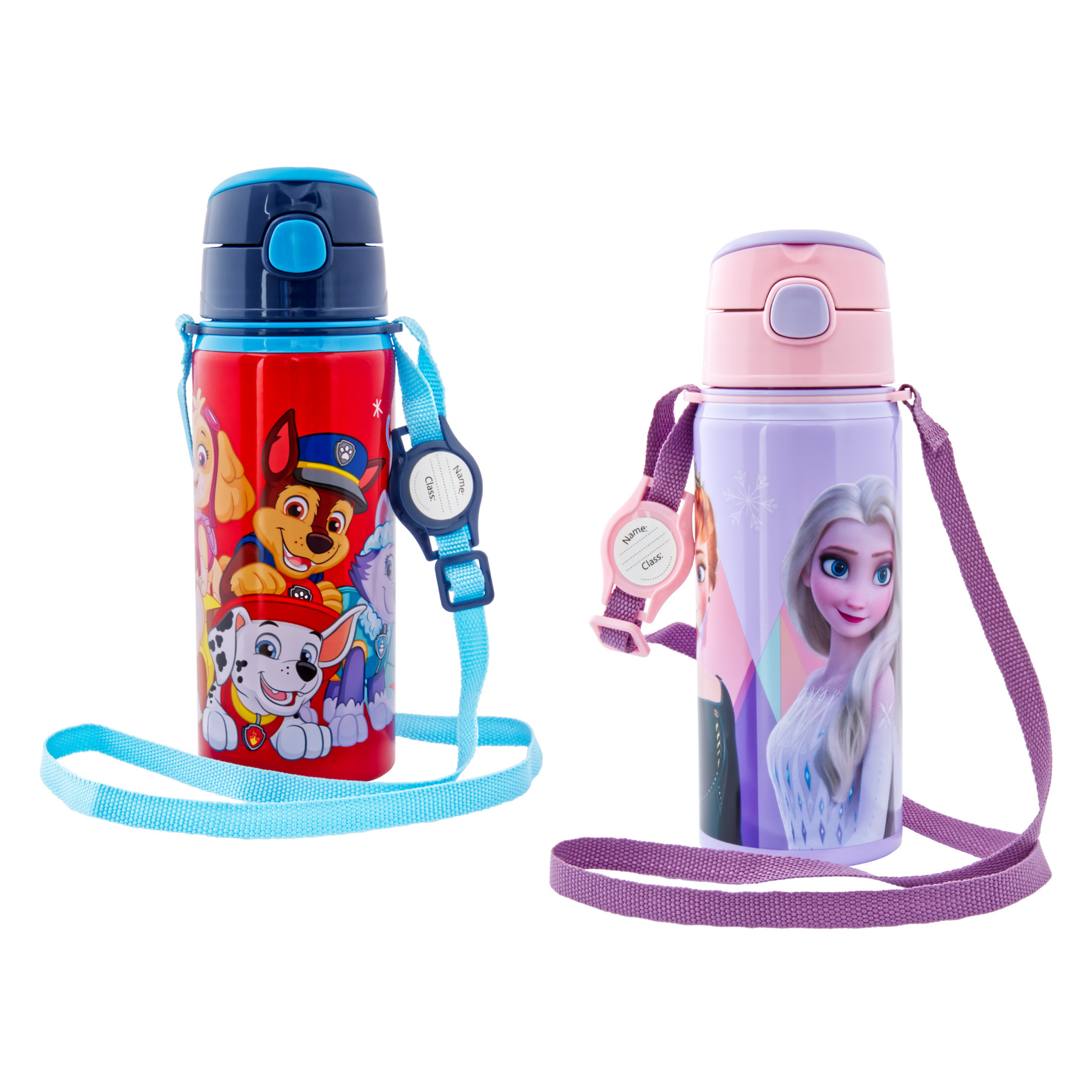 miniHeld Trinkflaschen-Set Paw Patrol + Elsa (Frozen), 2 Kinder Trinkflaschen Aluminium mit Tragegurt