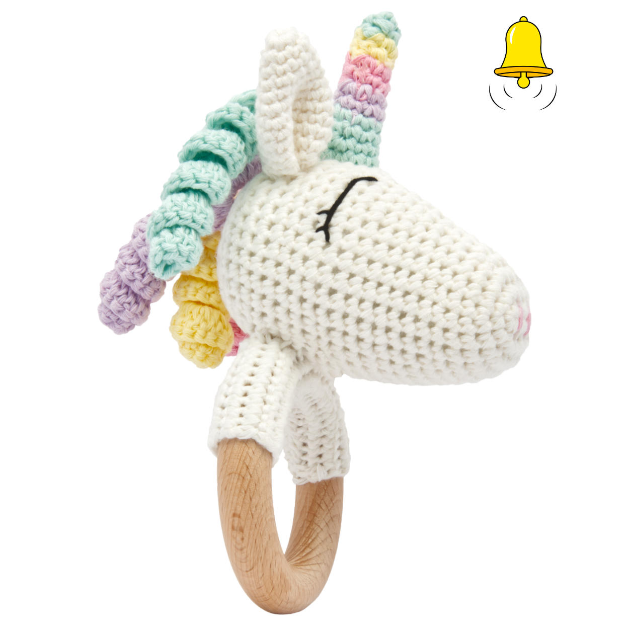 Handgestricktes Einhorn Rainbow Set Babyrassel Holz Baumwolle 16 cm Handgestricktes Einhorn Rainbow Set Babyrassel Holz Baumwolle 16 cm