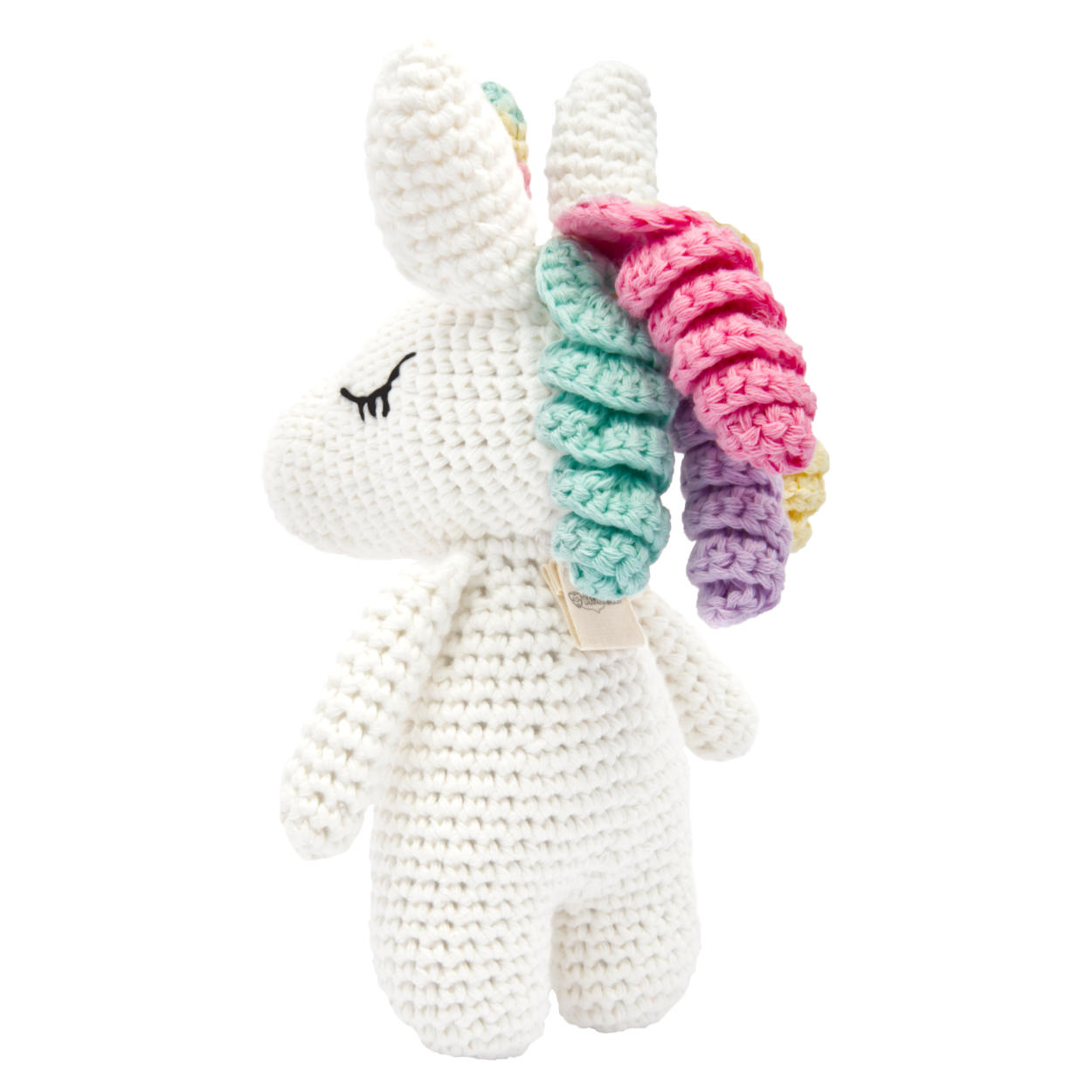 Handgestricktes Einhorn Rainbow Set Babyrassel Holz Baumwolle 16 cm Handgestricktes Einhorn Rainbow Set Babyrassel Holz Baumwolle 16 cm