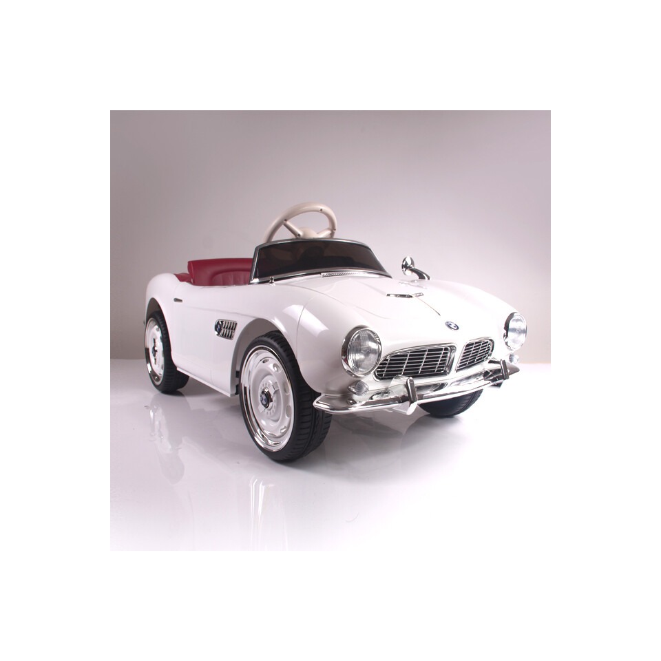 ES-Toys Kinderfahrzeug – Elektro Auto „BMW 507 Oldtimer“ – lizenziert – 12V7AH, 2 Motoren- 2,4Ghz Fernsteuerung, MP3, Ledersitz+EVA – Weiss