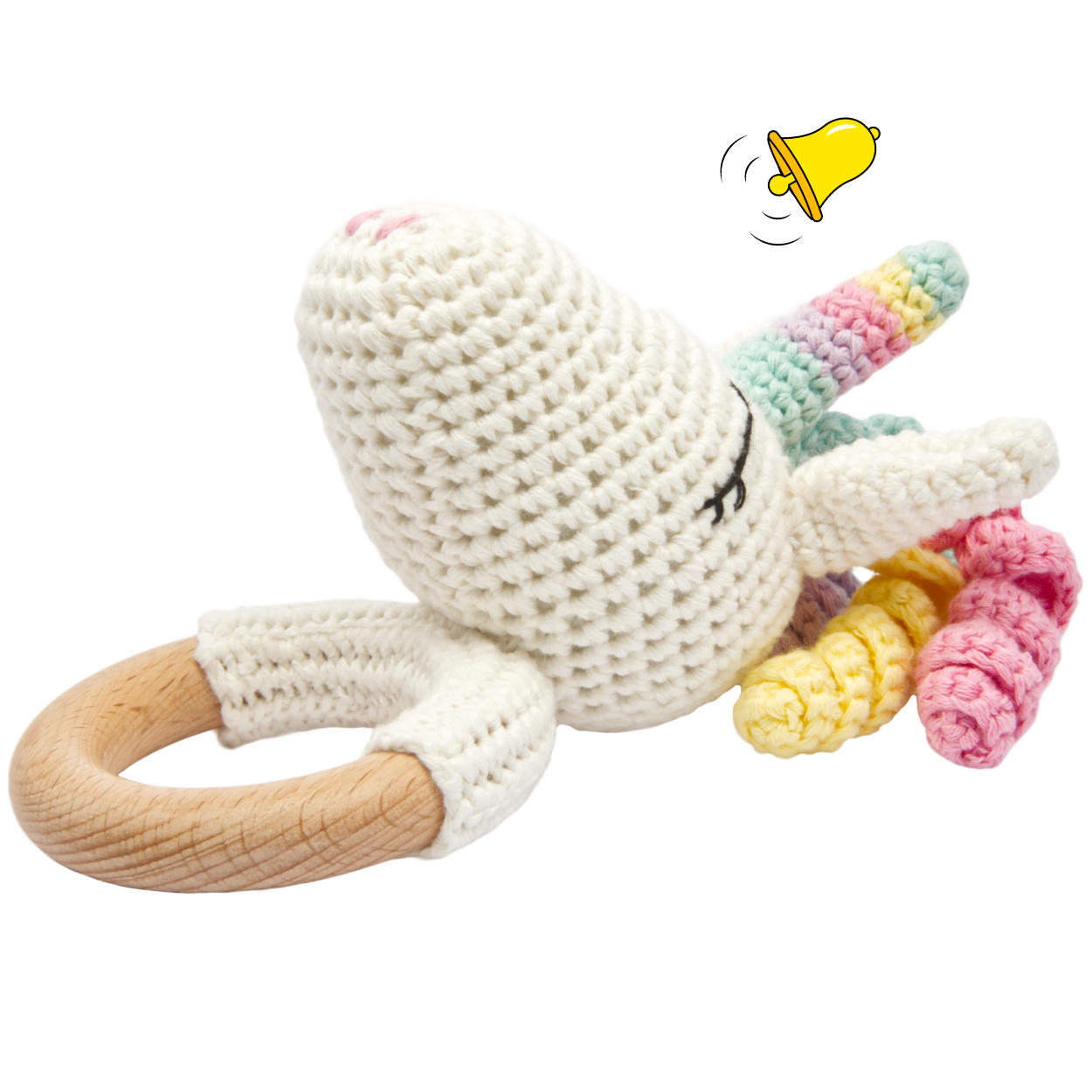 Handgestricktes Einhorn Rainbow Set Babyrassel Holz Baumwolle 16 cm Handgestricktes Einhorn Rainbow Set Babyrassel Holz Baumwolle 16 cm