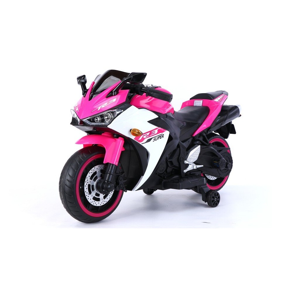 ES-Toys Elektro Kindermotorrad 888 – 12V 4,5A Akku – mit Stützräder, Musik und Lichter -Pink