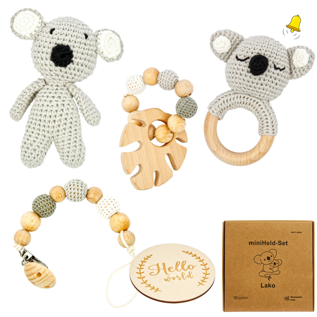 Handgestrickter Koala Lako Geschenkbox zur Geburt oder Babyparty Handgestrickter Koala Lako Geschenkbox zur Geburt oder Babyparty