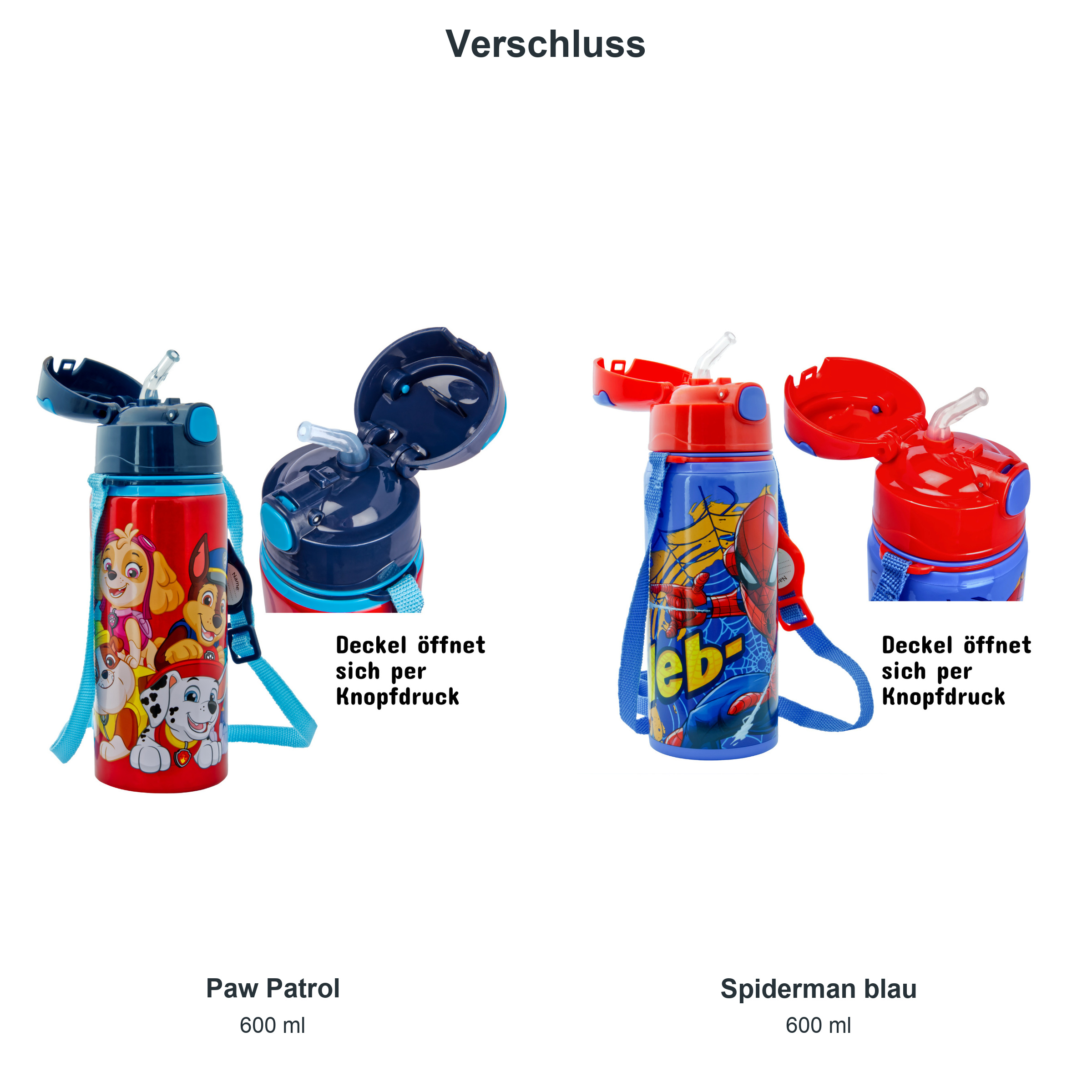 miniHeld Trinkflaschen-Set Paw Patrol + Spiderman blau, 2 Kinder Trinkflaschen Aluminium mit Tragegurt miniHeld Trinkflaschen-Set Paw Patrol + Spiderman blau, 2 Kinder Trinkflaschen Aluminium mit Tragegurt