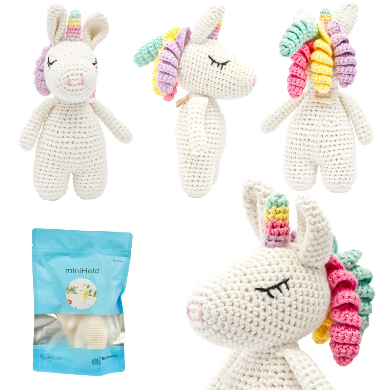 Handgestricktes Einhorn gehäkelt aus Baumwolle Spielzeug 16 cm Handgestricktes Einhorn gehäkelt aus Baumwolle Spielzeug 16 cm