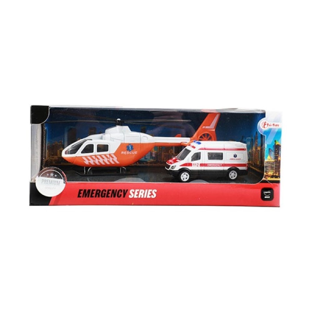 Rettungs-Hubschrauber Helikopter mit Krankenwagen