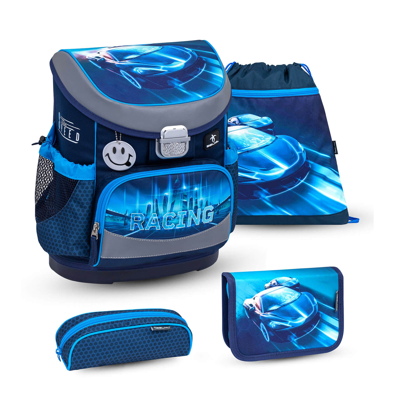 Belmil Mini-Fit ergonomisches Schulranzen-Set 4-teilig "Racing Blue Neon" mit Brustgurt Belmil Mini-Fit ergonomisches Schulranzen-Set 4-teilig "Racing Blue Neon" mit Brustgurt