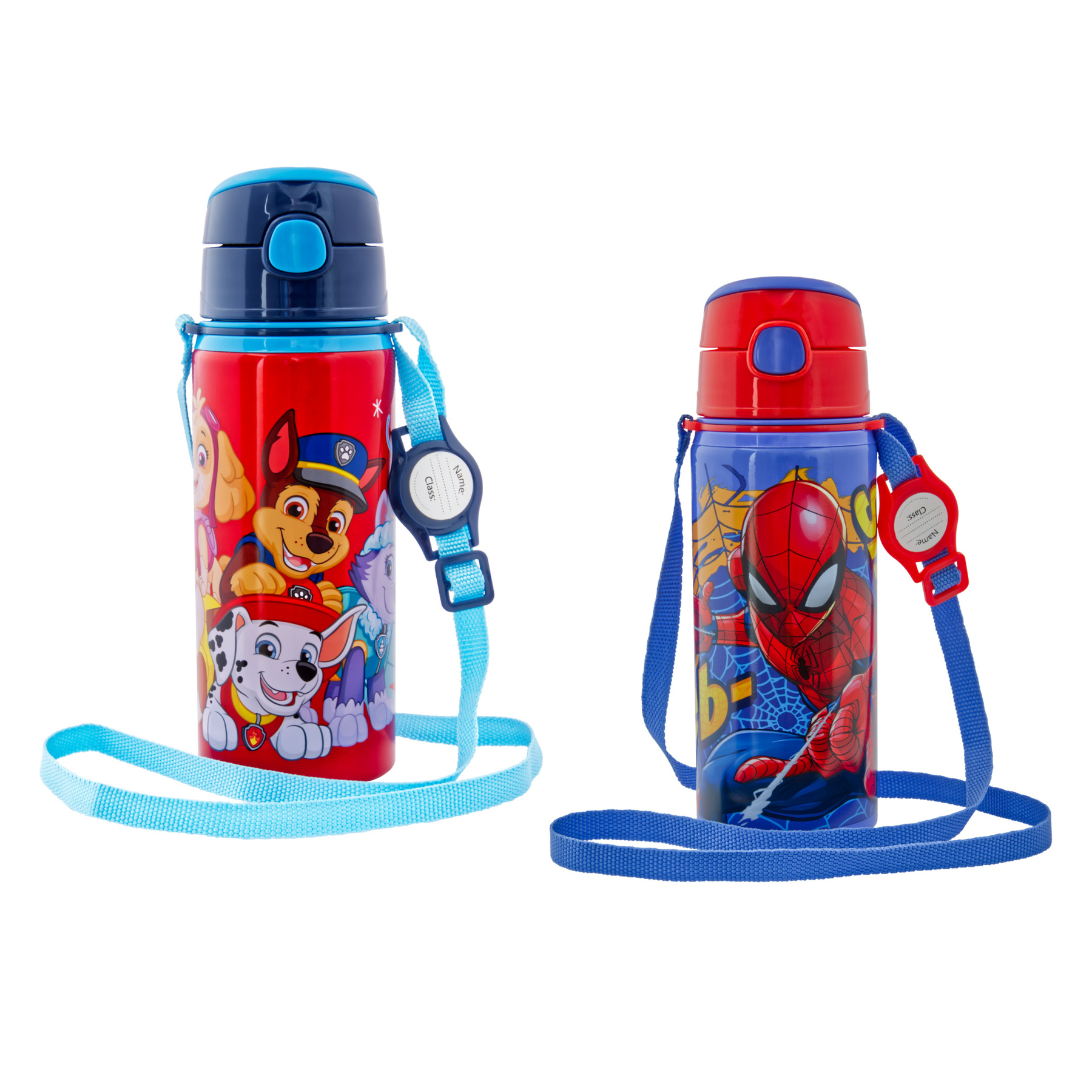 miniHeld Trinkflaschen-Set Paw Patrol + Spiderman blau, 2 Kinder Trinkflaschen Aluminium mit Tragegurt