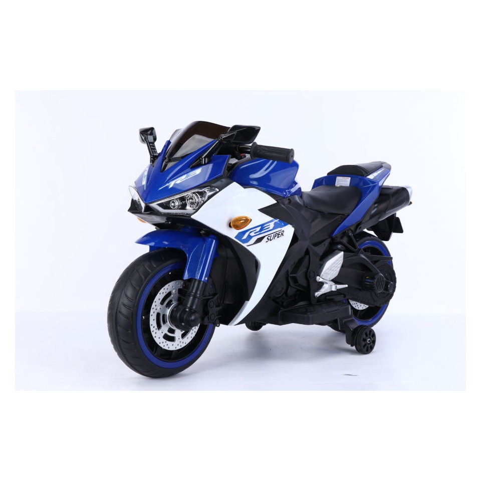 ES-Toys Elektro Kindermotorrad 888 – 12V 4,5A Akku – mit Stützräder, Musik und Lichter -Blau