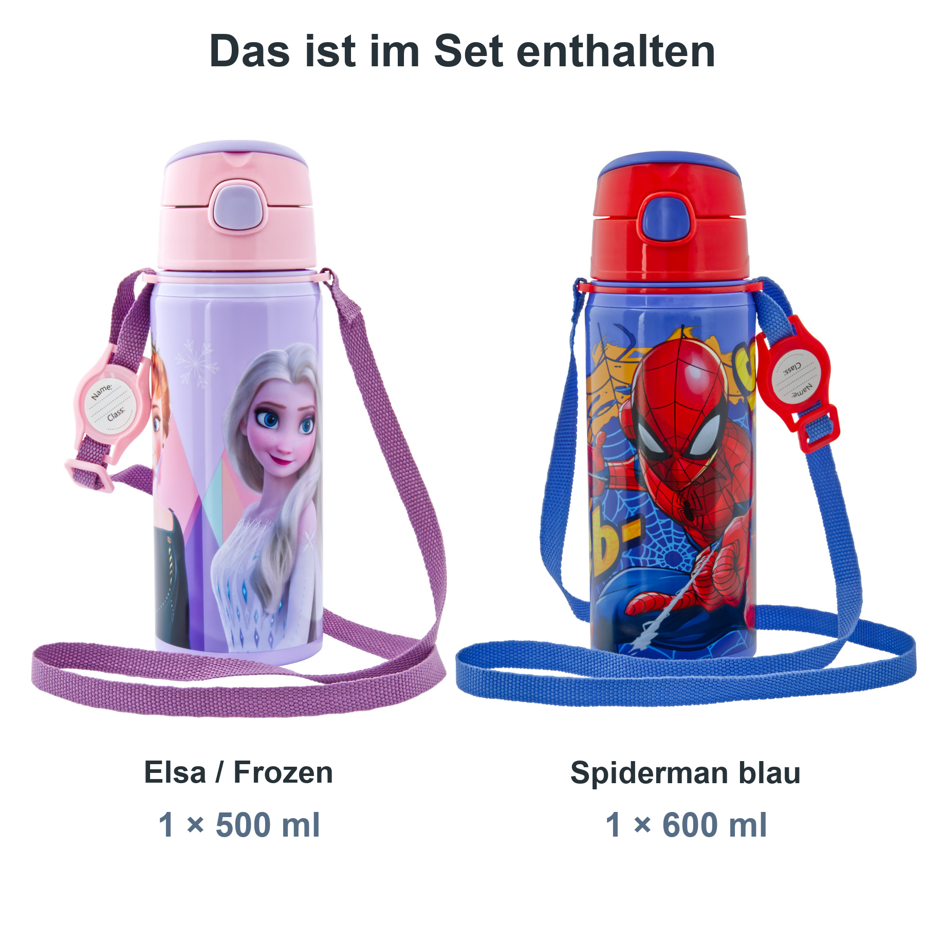 miniHeld Trinkflaschen-Set Elsa (Frozen) + Spiderman blau, 2 Kinder Trinkflaschen Aluminium mit Tragegurt