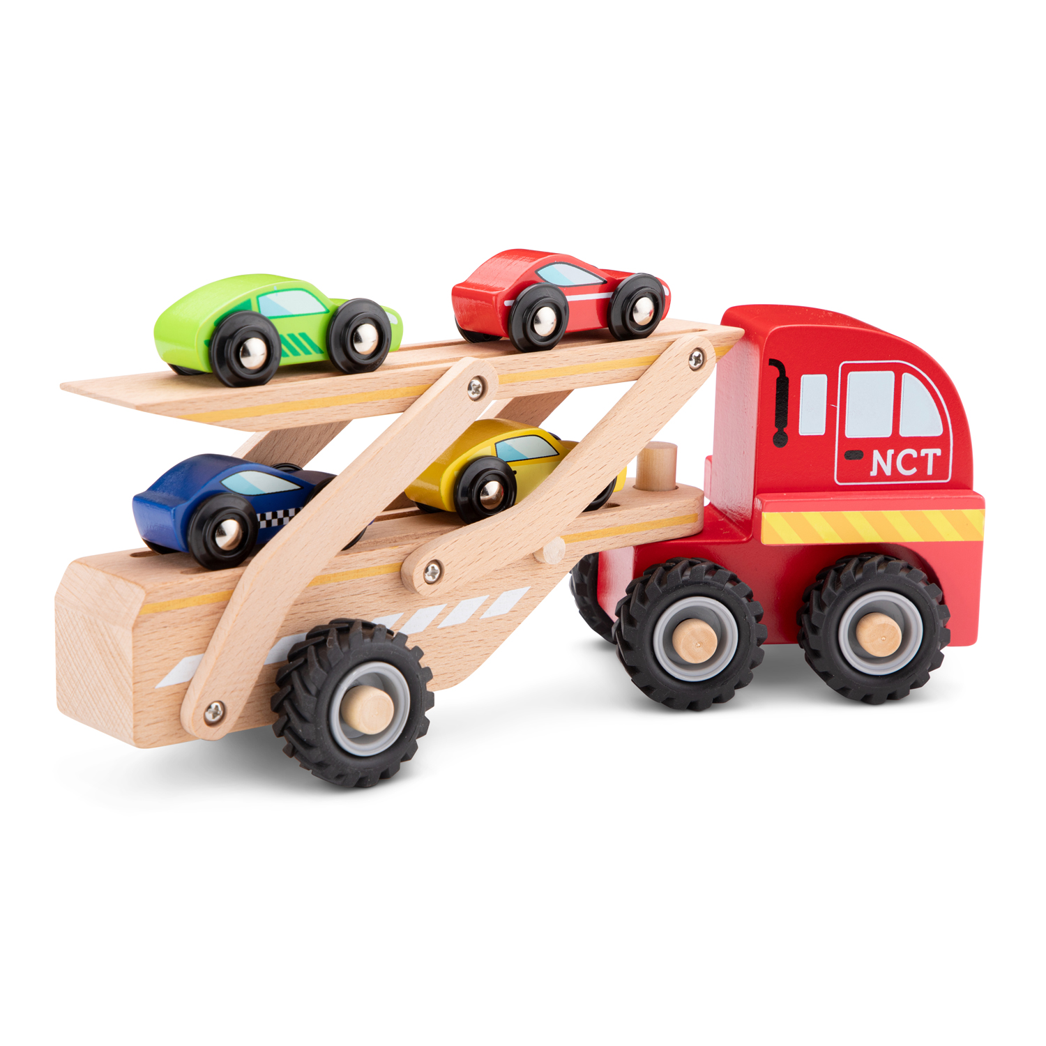 Autotransporter aus Holz Abschleppwagen mit 4 Autos aus Holz