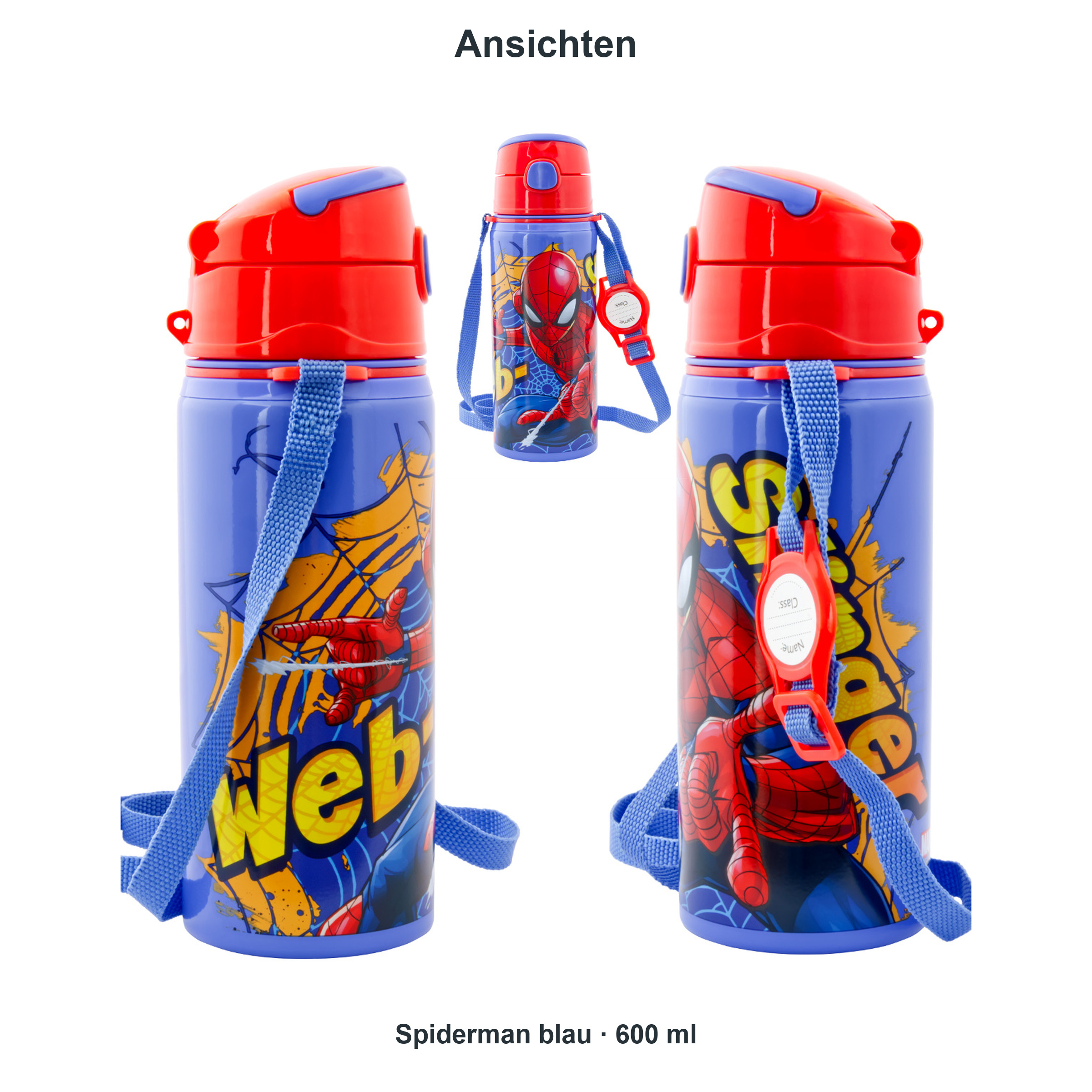 miniHeld Trinkflaschen-Set Spiderman blau 2er-Pack, 2 Kinder Trinkflaschen Aluminium mit Tragegurt