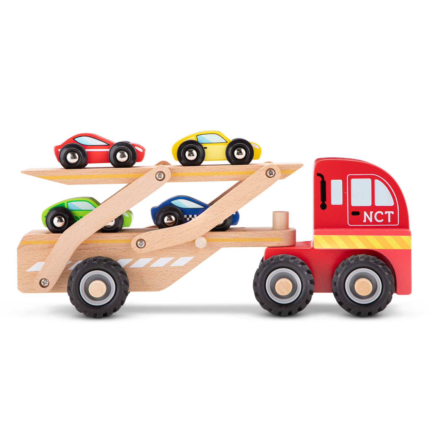 Autotransporter aus Holz Abschleppwagen mit 4 Autos aus Holz