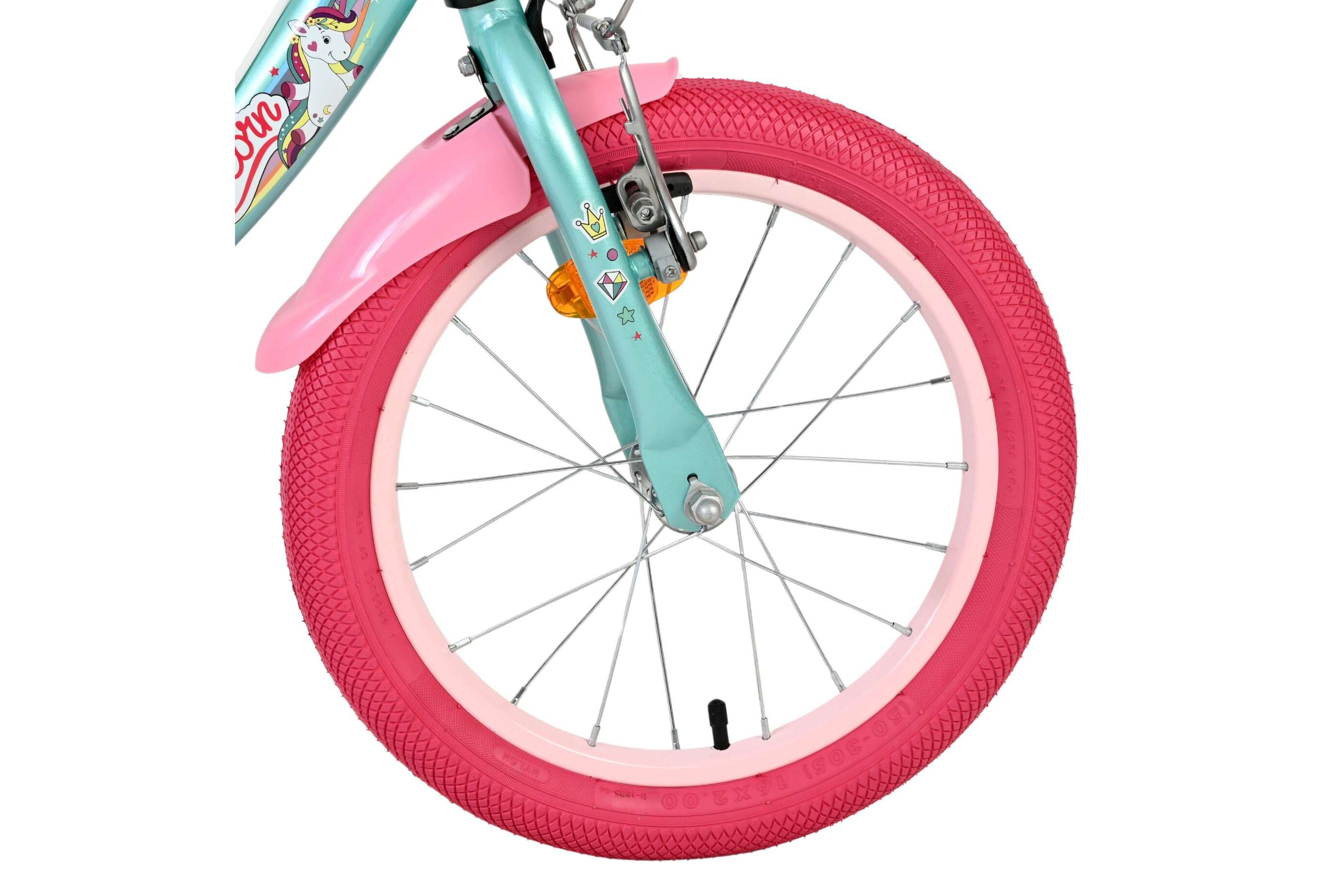 Kinderfahrrad Unicorn für Mädchen 16 Zoll Kinderrad in Grün, Zwei Handbremsen