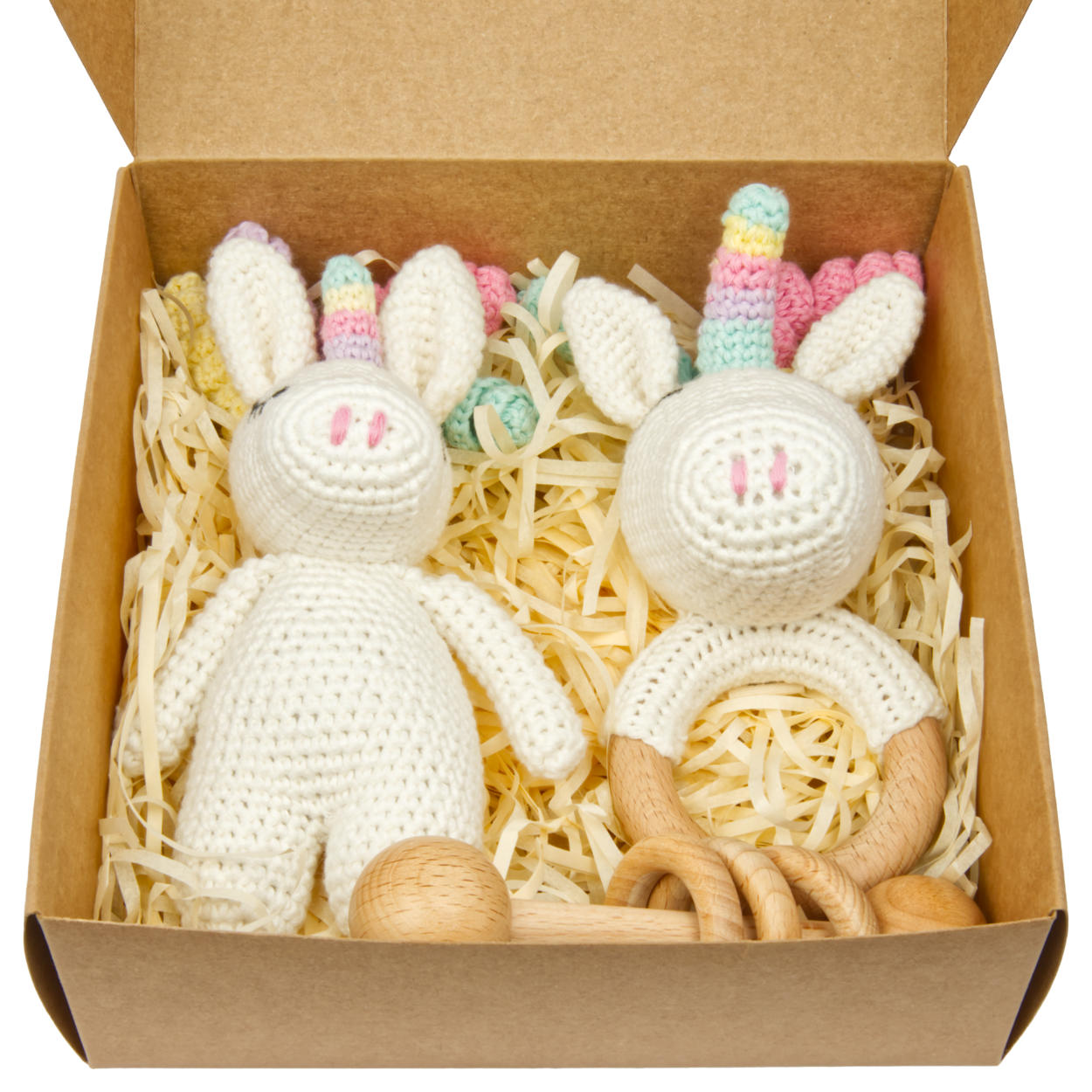 Handgestricktes Einhorn Rainbow Set Babyrassel Holz Baumwolle 16 cm Handgestricktes Einhorn Rainbow Set Babyrassel Holz Baumwolle 16 cm