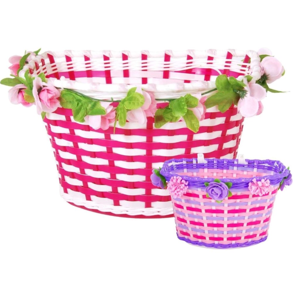 Geflochtener Fahrradkorb mit Blumen-Muster für Mädchen in Weiß/Rosa