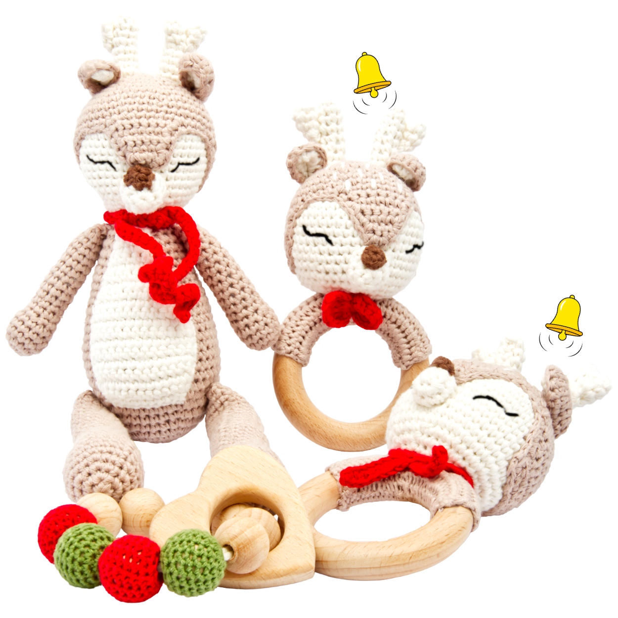 Handgestricktes Reh Ivy Set Babyrassel Holzspielzeug und Baumwolle Handgestricktes Reh Ivy Set Babyrassel Holzspielzeug und Baumwolle