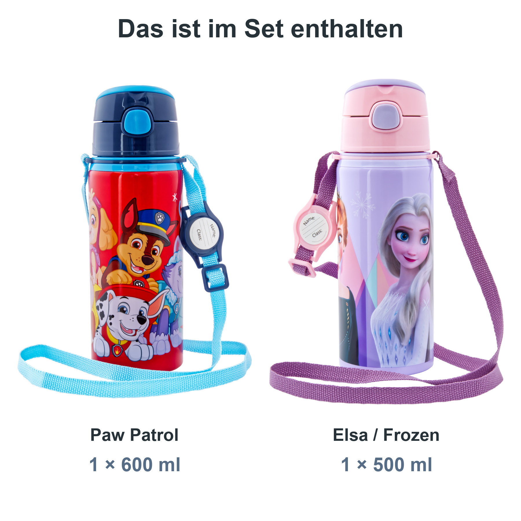 miniHeld Trinkflaschen-Set Paw Patrol + Elsa (Frozen), 2 Kinder Trinkflaschen Aluminium mit Tragegurt