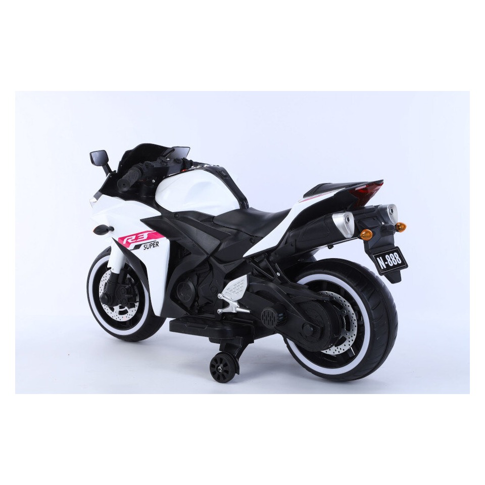 ES-Toys Elektro Kindermotorrad 888 – 12V 4,5A Akku – mit Stützräder, Musik und Lichter -Weiss