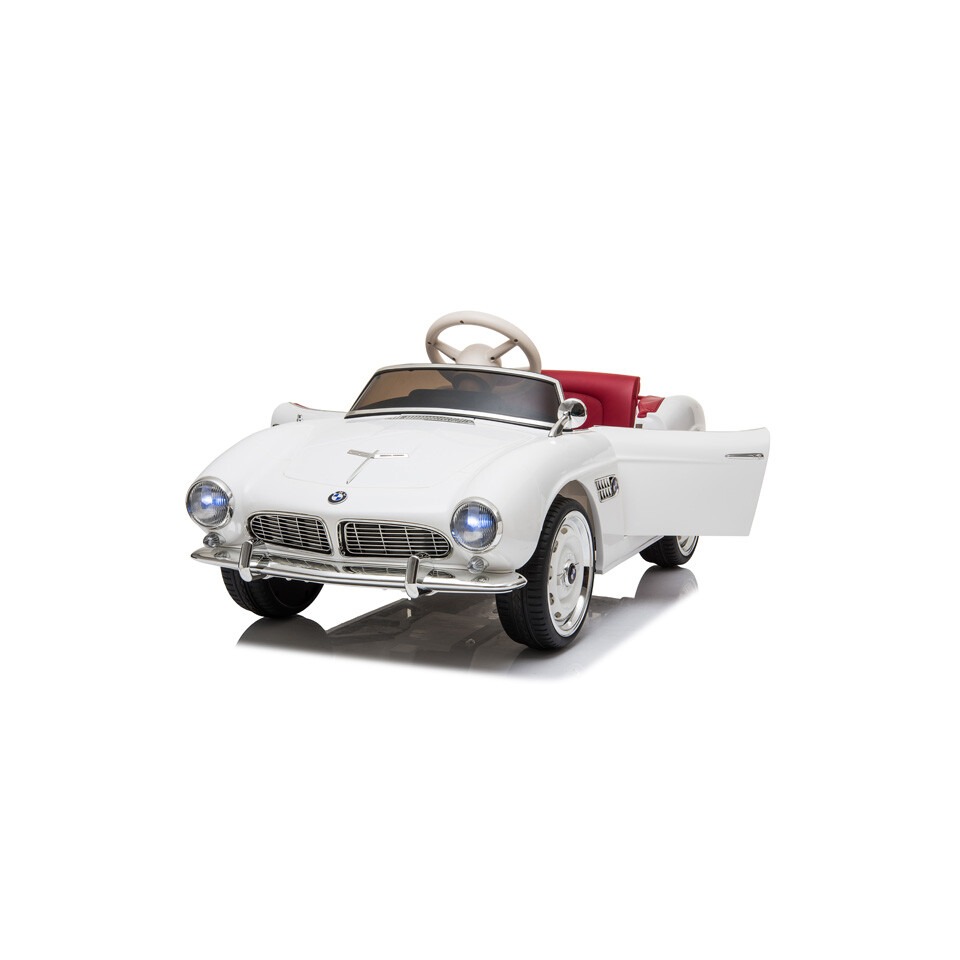 ES-Toys Kinderfahrzeug – Elektro Auto „BMW 507 Oldtimer“ – lizenziert – 12V7AH, 2 Motoren- 2,4Ghz Fernsteuerung, MP3, Ledersitz+EVA – Weiss