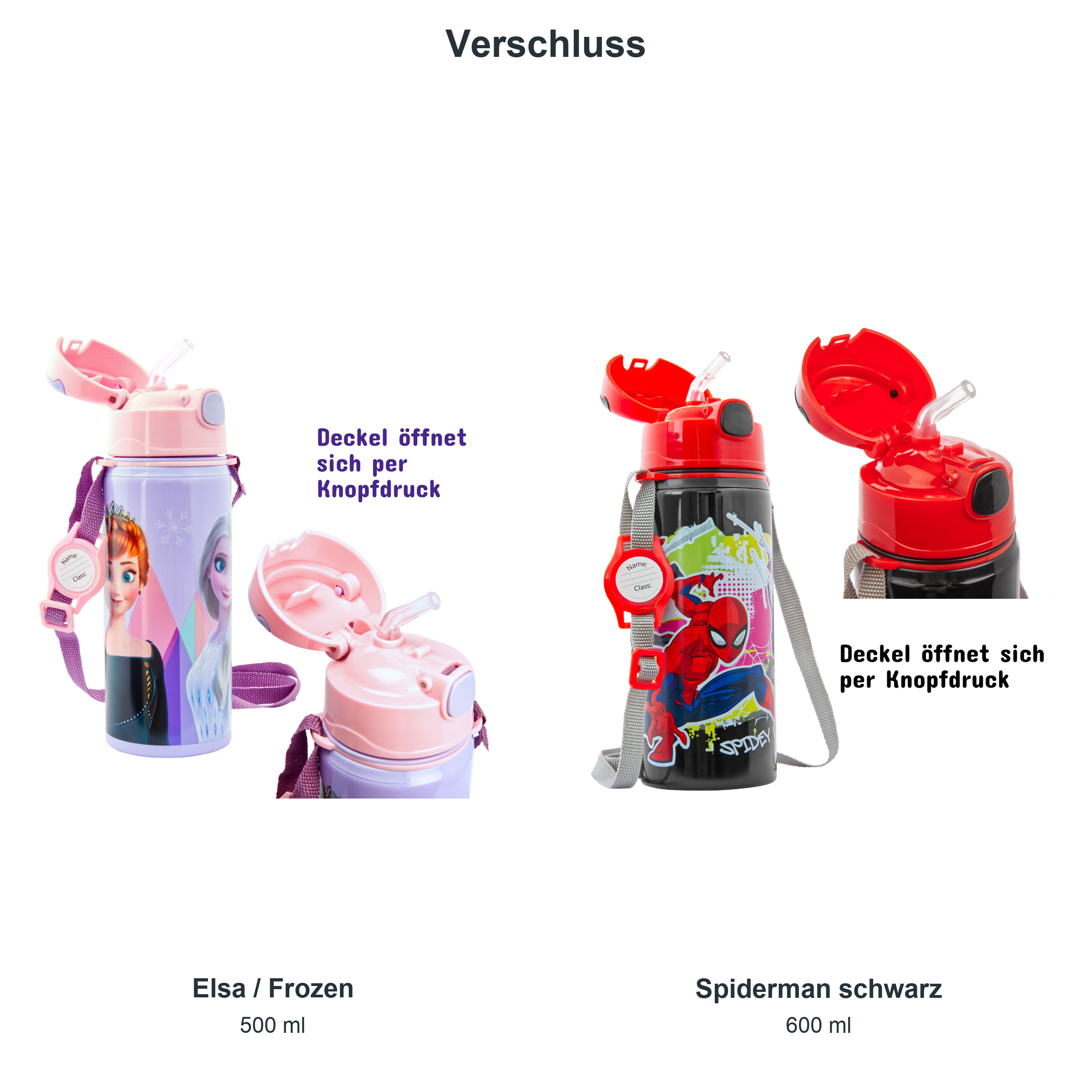 miniHeld Trinkflaschen-Set Elsa (Frozen) + Spiderman schwarz, 2 Kinder Trinkflaschen Aluminium mit Tragegurt miniHeld Trinkflaschen-Set Elsa (Frozen) + Spiderman schwarz, 2 Kinder Trinkflaschen Aluminium mit Tragegurt