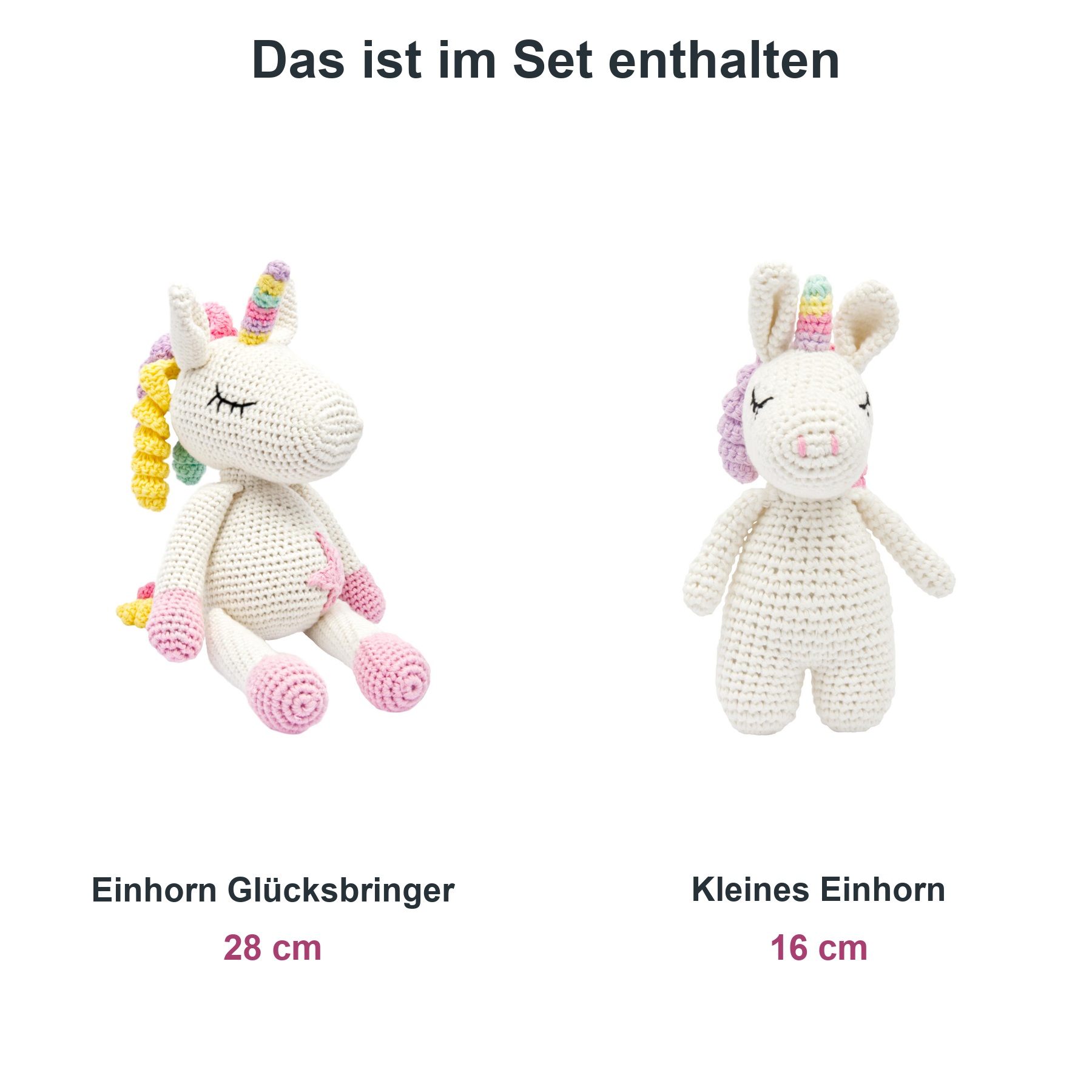 miniHeld Geschenkset Einhorn: großes handgestricktes Einhorn Glücksbringer 28cm + kleines Einhorn 16cm aus Baumwolle miniHeld Geschenkset Einhorn: großes handgestricktes Einhorn Glücksbringer 28cm + kleines Einhorn 16cm aus Baumwolle