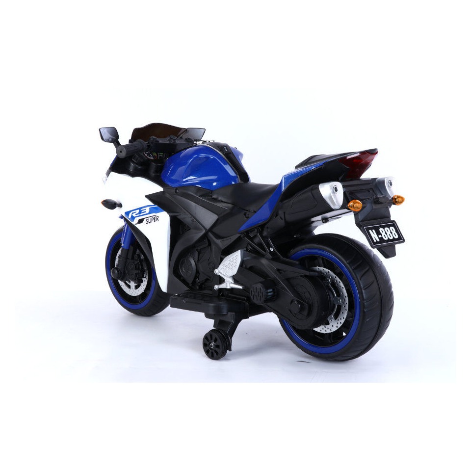 ES-Toys Elektro Kindermotorrad 888 – 12V 4,5A Akku – mit Stützräder, Musik und Lichter -Blau