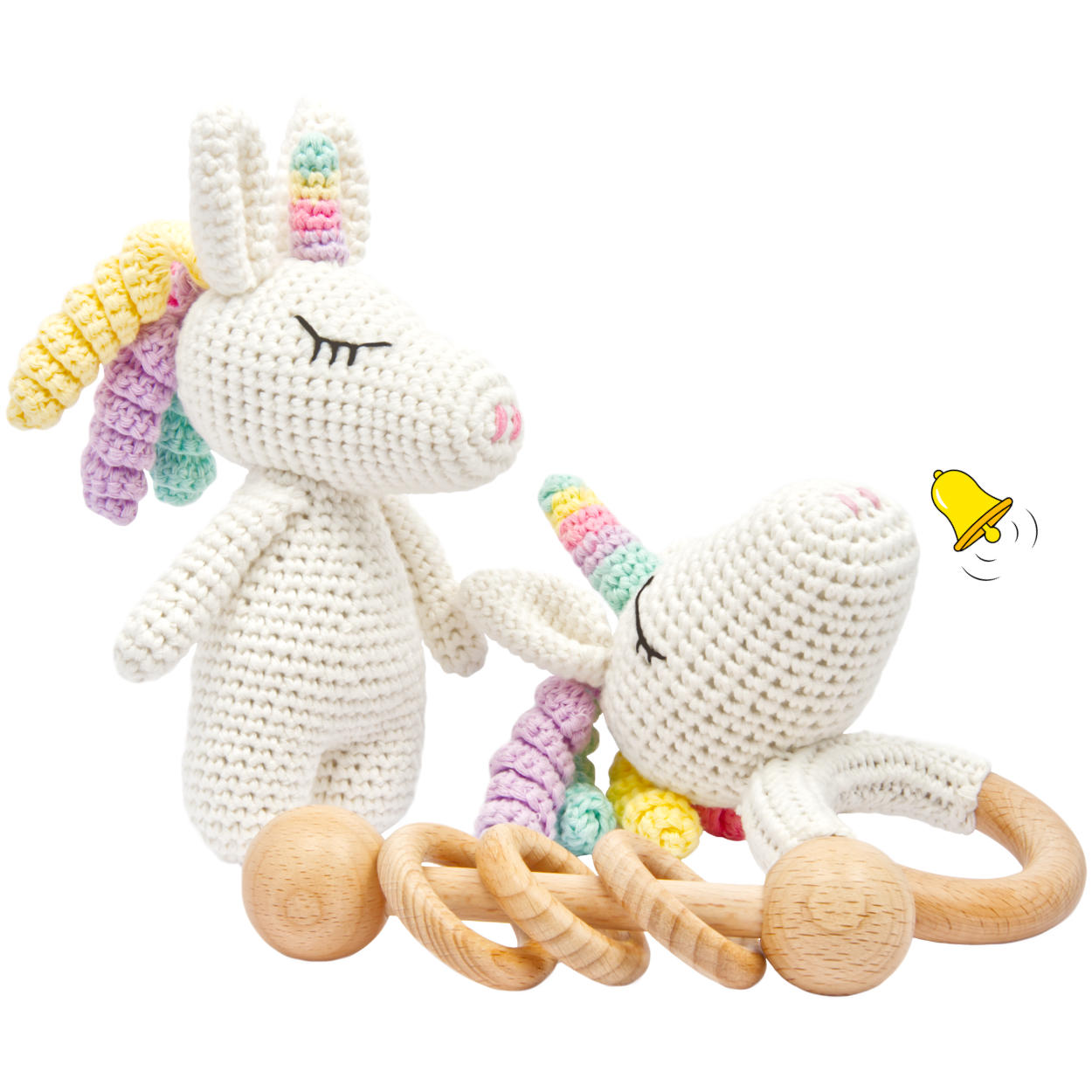 Handgestricktes Einhorn Rainbow Set Babyrassel Holz Baumwolle 16 cm Handgestricktes Einhorn Rainbow Set Babyrassel Holz Baumwolle 16 cm