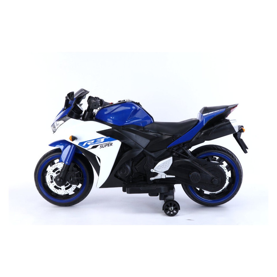 ES-Toys Elektro Kindermotorrad 888 – 12V 4,5A Akku – mit Stützräder, Musik und Lichter -Blau