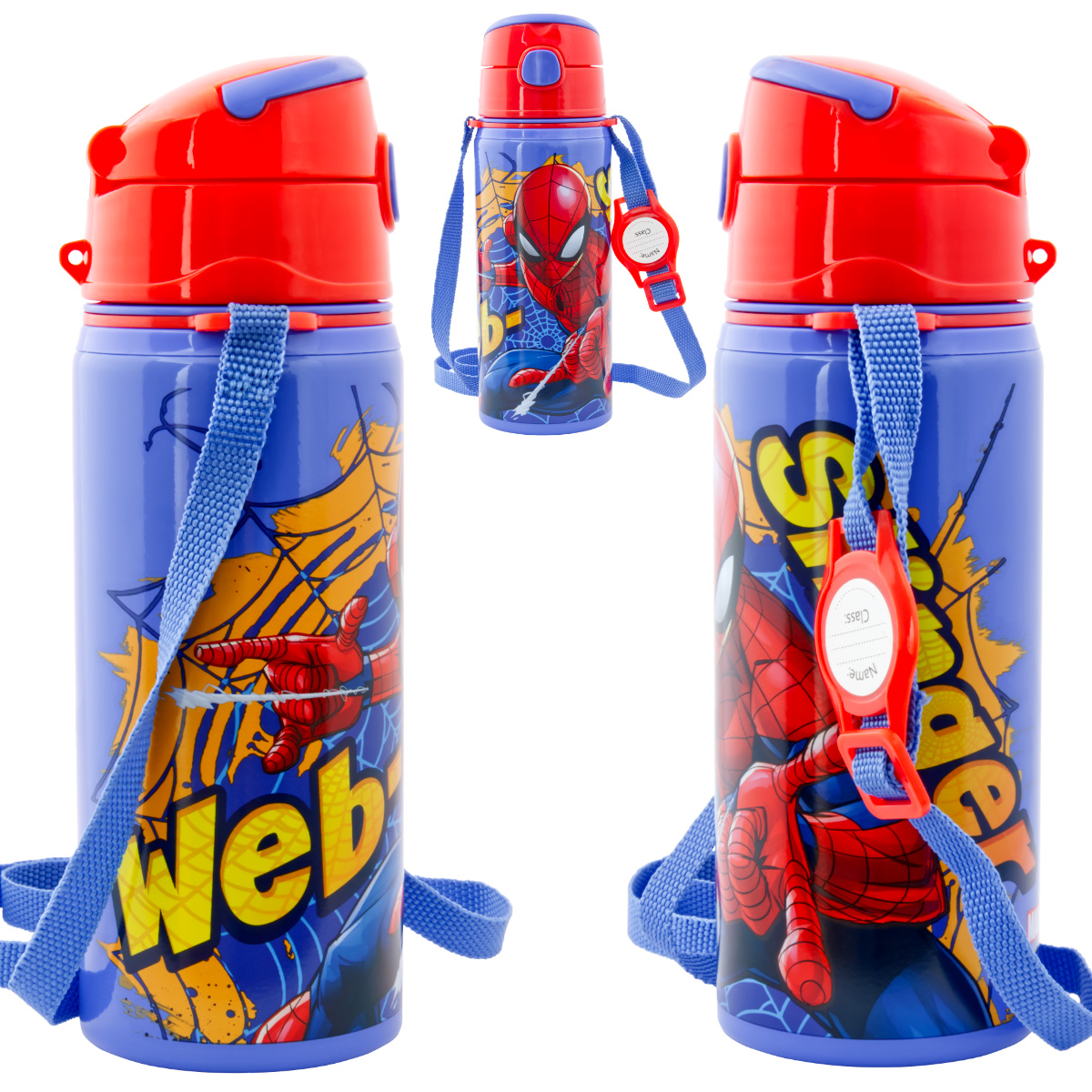 Trinkflasche Spiderman Blau mit Tragegurt Aluminium 600ml Schule Sport Trinkflasche Spiderman Blau mit Tragegurt Aluminium 600ml Schule Sport