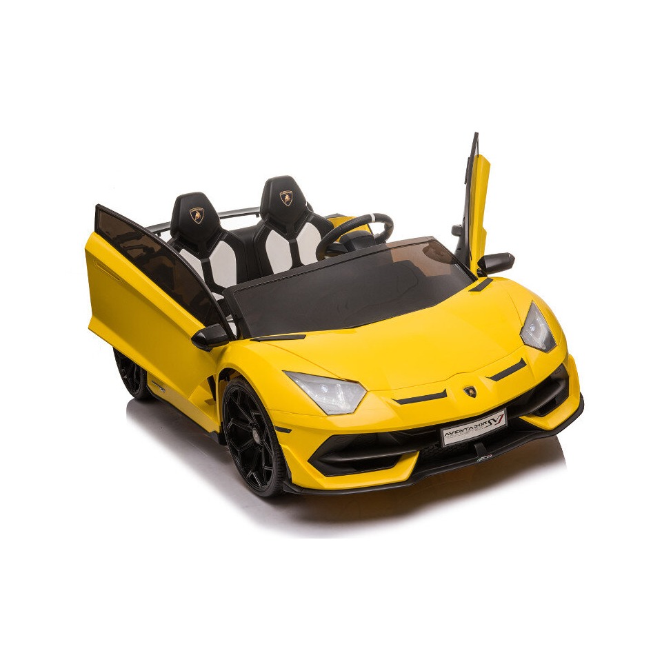 ES-Toys Kinderfahrzeug – Elektro Auto „Lamborghini Aventador SVJ Doppelsitzer“ – lizenziert – 12V7AH, 2 Motoren- 2,4Ghz Fernsteuerung, MP3, Ledersitz+EVA+Lackiert – Gelb