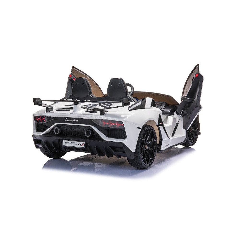 ES-Toys Kinderfahrzeug – Elektro Auto „Lamborghini Aventador SVJ Doppelsitzer“ – lizenziert – 12V7AH, 2 Motoren- 2,4Ghz Fernsteuerung, MP3, Ledersitz+EVA+Lackiert – Weiss
