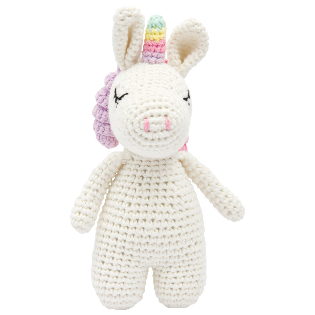 Handgestricktes Einhorn gehäkelt aus Baumwolle Spielzeug 16 cm