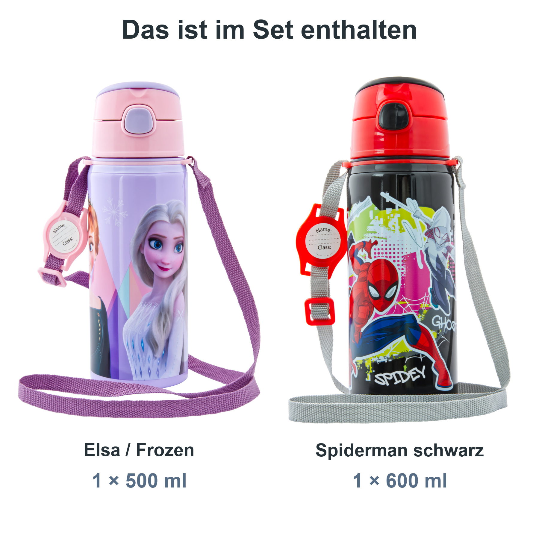 miniHeld Trinkflaschen-Set Elsa (Frozen) + Spiderman schwarz, 2 Kinder Trinkflaschen Aluminium mit Tragegurt miniHeld Trinkflaschen-Set Elsa (Frozen) + Spiderman schwarz, 2 Kinder Trinkflaschen Aluminium mit Tragegurt